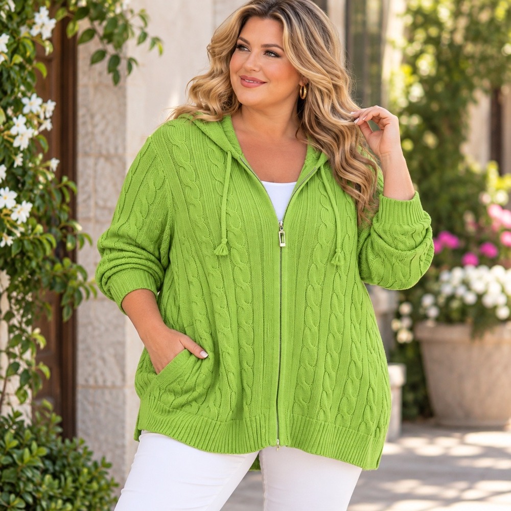 Tommy Hilfiger Womens 3X Lime Green Cable Knit Full Zip Hoodie Sweater Cotton